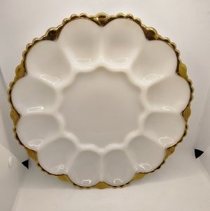 Vintage Anchor Hocking Gold and Milk Glass Deviled Eggs Server